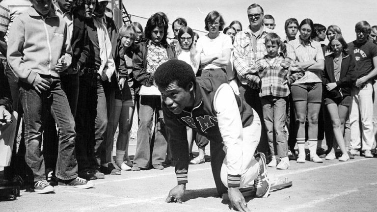 An interested crowd of aspiring track competitors watched Army Capt. Mel Pender demonstrate his starting technique in 1972