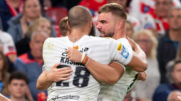 Catalans celebrate Mike McMeeken's try