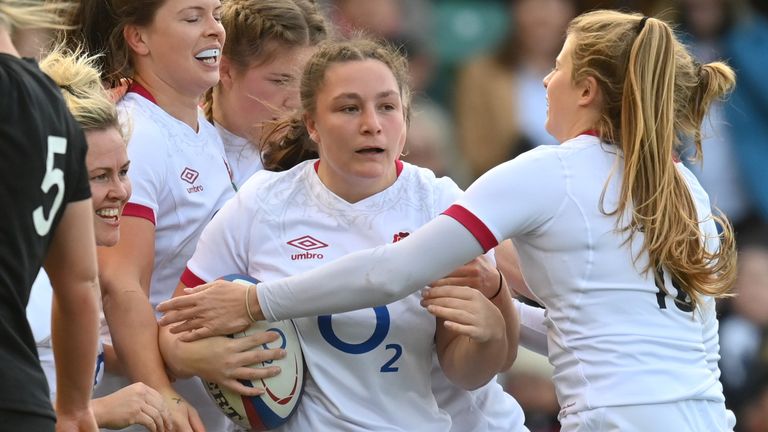 Amy Cokayne celebrates a try in England's win over New Zealand