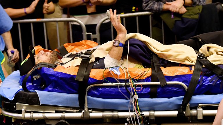 Mark Cavendish was stretchered away after a very nasty crash on Sunday night