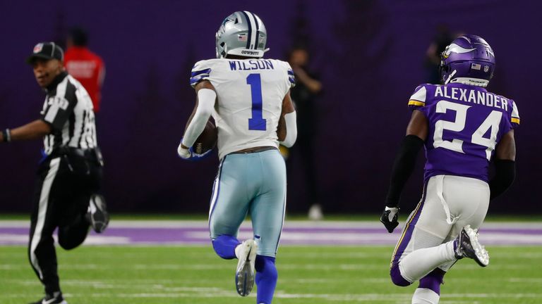 Ced WIlson caught Cooper Rush's pass bang on the 50-yard line and ran half the length of the field, avoiding the Vikings defense and into the endzone.