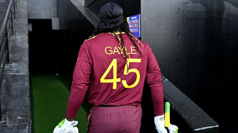 Gayle walks off after striking a nine-ball 15 against Australia