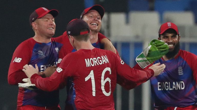 England took five wickets for eight runs to secure the win at Sharjah