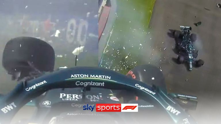 Aston Martin's Lance Stroll crashes into the wall on the final corner during Q1 at the Mexico City GP