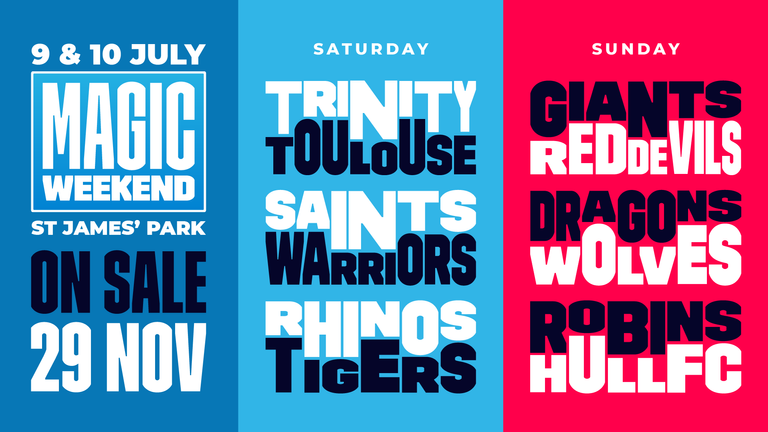The Magic Weekend fixtures on Saturday and Sunday, live on Sky Sports 