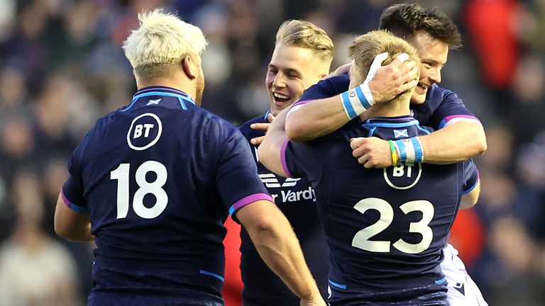 Scotland's players celebrate victory over Australia
