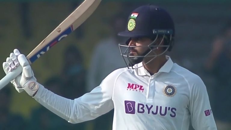 Shreyas Iyer celebrates reaching his maiden Test fifty, against New Zealand