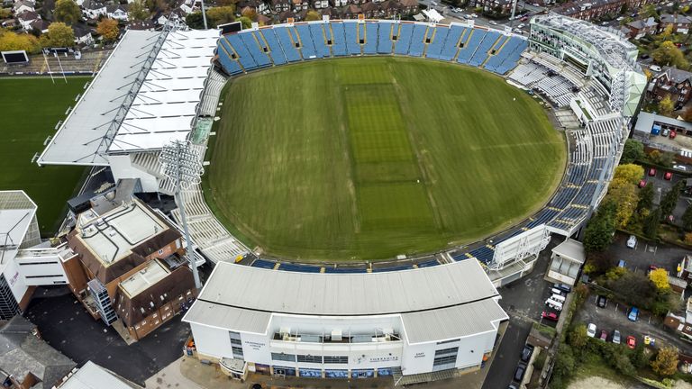 A general view of the ground from above after sponsorship signage was removed from Headingley, home of Yorkshire County Cricket Club