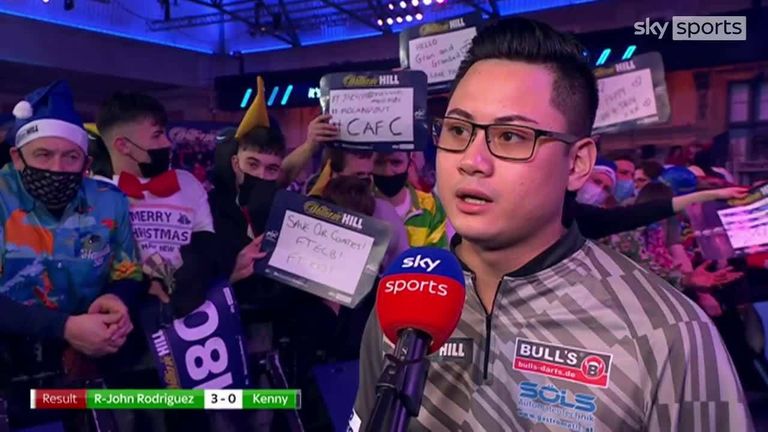 Rowby-John Rodriguez was thrilled after securing his spot in the second round of the World Darts Championship