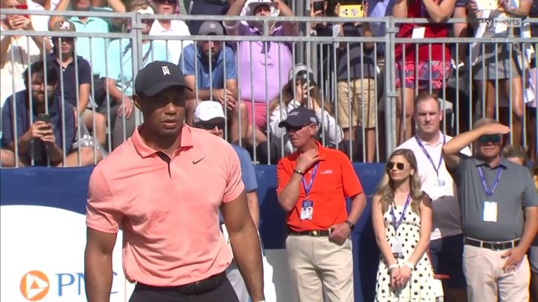 363 days since he last played a shot in competitive golf, Tiger Woods nails a drive down the fairway on the first at the PNC Championship