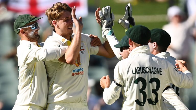 Green celebrates Root's wicket - he also fired Stokes on day three in Adelaide