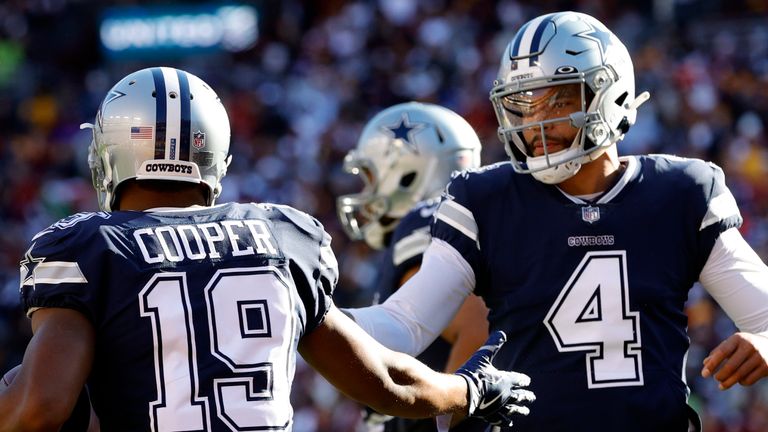 Amari Cooper and Dak Prescott celebrate their scoring connection in the first quarter for the Dallas Cowboys at Washington