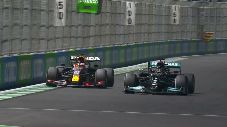 Lewis Hamilton takes the lead from Max Verstappen during the Saudi Arabian GP