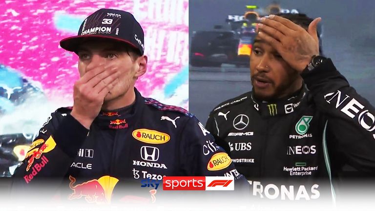 Podium reactions from the top three as Max Verstappen took the win in Abu Dhabi ahead of title rival Lewis Hamilton and Carlos Sainz.