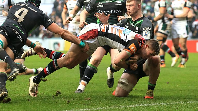 Freddie Steward dives over for a try in Leicester's win over Connacht