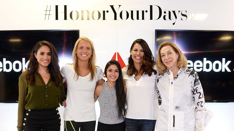 Meghan Markle (left) and Switzer (right) at an #HonorYourDays luncheon in Massachusetts to remind people to push their limits