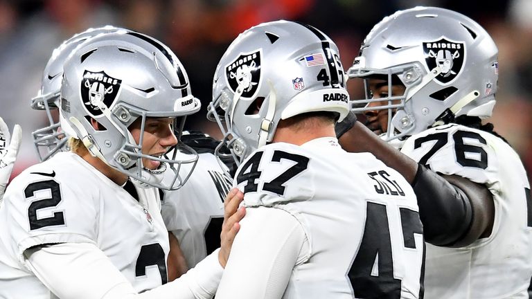 Las Vegas Raiders celebrate Daniel Carlson's game-winning field goal that saw them past the Cleveland Browns