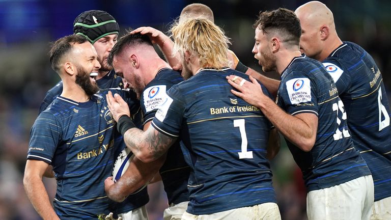 Leinster celebrate after Ronan Kelleher scores their sides sixth try against Bath