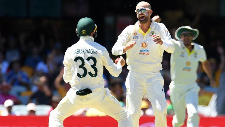 Nathan Lyon celebrates after winning his 400th wicket test