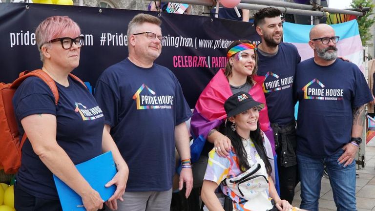 Lou Englefield (far left) with Pride House Birmingham's Neil Basterfield, athletes Lauren Rowles and Jude Hamer, fellow organiser Piero Zizzi, and the Athletics Pride Network's Andy Paul