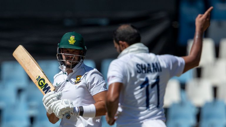 Mohammad Shami (right) bowled opener Aiden Markram with his third ball