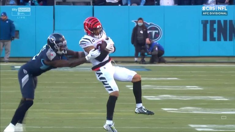 Tennessee Titans quarterback Ryan Tannehill throws an interception on the opening play of their playoff game against the Cincinnati Bengals.