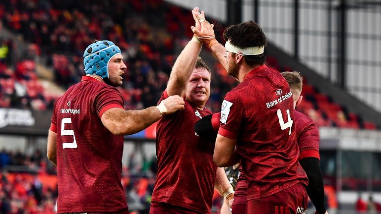 Munster celebrate Jean Kleyn's (No 4) superb breakdown turnover after being under pressure 