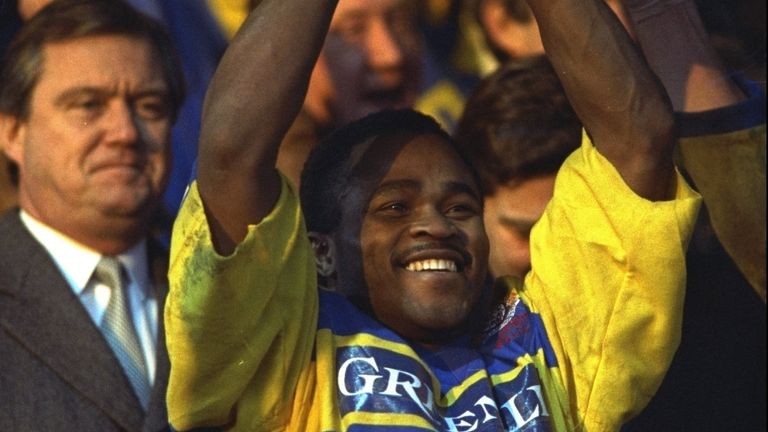 Des Drummond, pictured lifting the Regal Trophy with Warrington in 1991, has died aged 63