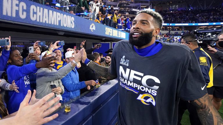 Odell Beckham Jr celebrates with fans after the Rams won the NFC Championship game