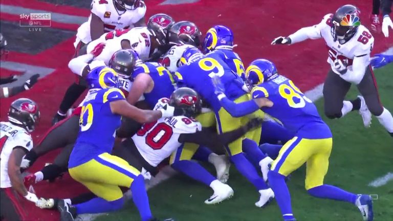 Matthew Stafford goes over for a rushing touchdown for the Rams against the Bucs