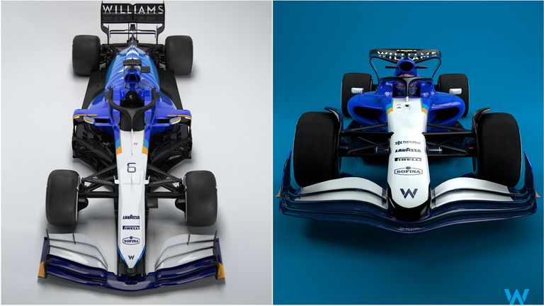 Left: Williams' car reveal from 2021. Right: A Williams livery on a 2022 car