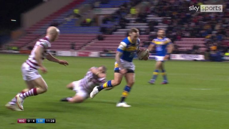 Blake Austin scored on his debut for Leeds Rhinos to put his side ahead against Wigan Warriors.