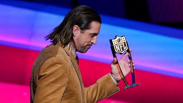 Green Bay Packers quarterback Aaron Rodgers wins the 2021 AP Most Valuable Player, his fourth in his career. 