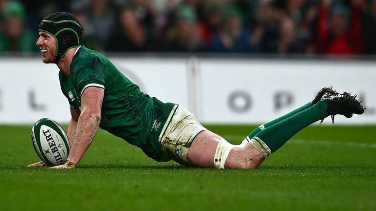 Ryan Baird celebrates his try - Ireland's seventh in the Test 