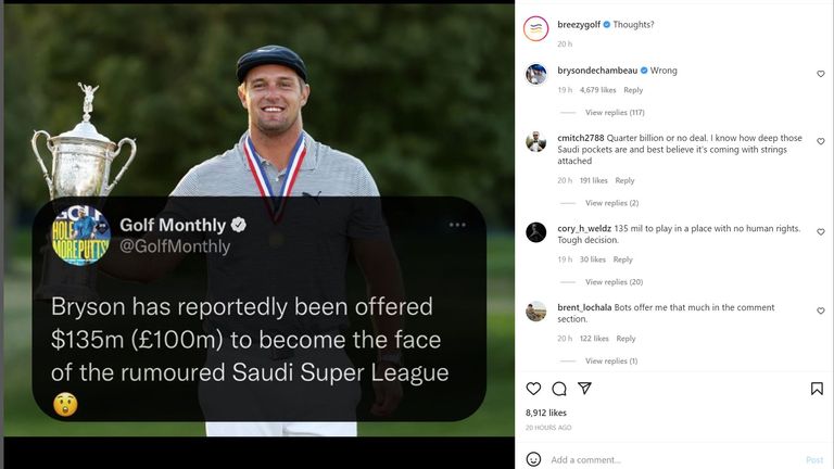 Bryson DeChambeau has denied reports he has been offered £100m to join a break-away Saudi breakaway tour