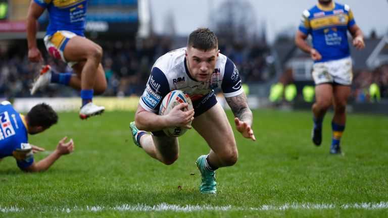 Connor Wrench goes over for the crucial try in Warrington's win over Leeds