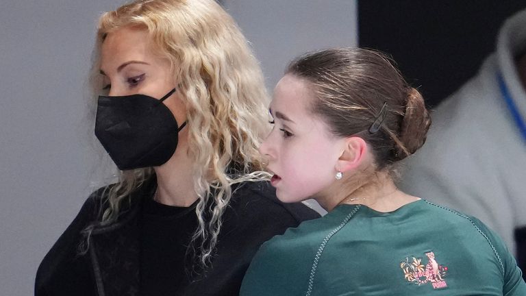 Valieva embraced her coach Eteri Tutberidze during Saturday's training session
