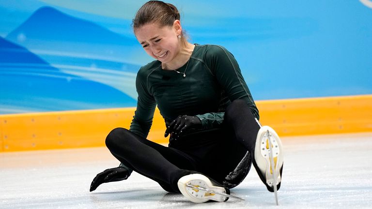 Valieva falls during training on Sunday