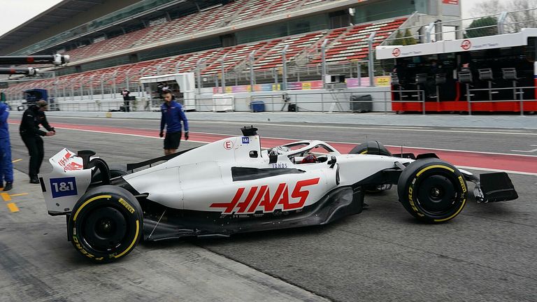 Haas ran an all-white car during testing in Barcelona after removing branding of its title partner Uralkali