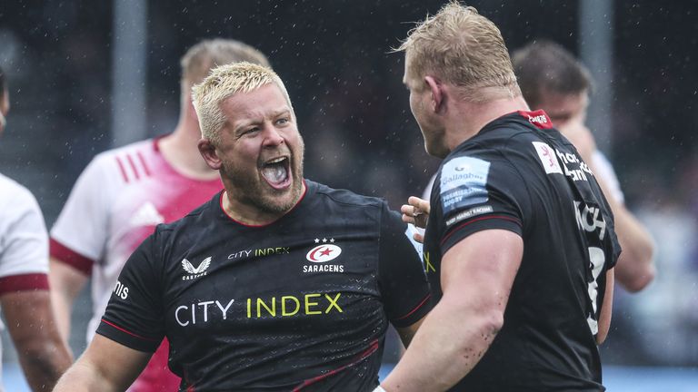 Saracens props Richard Barrington and Vincent Koch celebrate victory vs Harlequins 