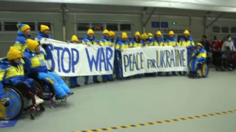 Ukrainian Paralympians gathered before the opening ceremony of the Winter Paralympics to call for peace in their country amid the ongoing Russian invasion.