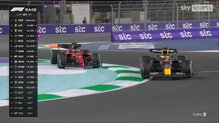 Max Verstappen finalmente logró pasar a Charles Leclerc con solo cuatro vueltas para el final del Gran Premio de Arabia Saudita.