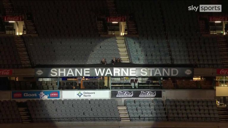 The Shane Warne Stand is unveiled at the Melbourne Cricket Ground at the climax of the memorial service of the late Australian cricketer.