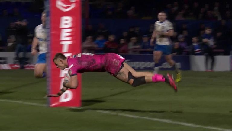 Handley drives through the Wakefield defence for an impressive solo try for Leeds Rhinos in the Super League
