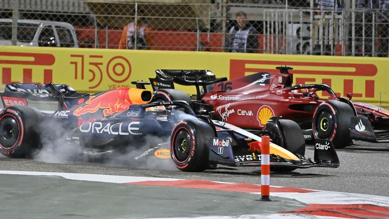 Max Verstappen and Charles Leclerc go wheel to wheel at the Bahrain Grand Prix