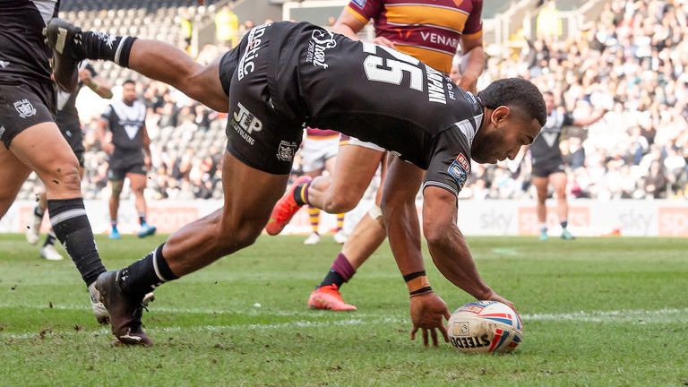 Hull FC's Mitieli Vulikijapani scores a try against Huddersfield