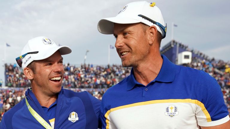  Stenson (right) celebrates with Paul Casey after Europe's victory at Le Golf National in 2018