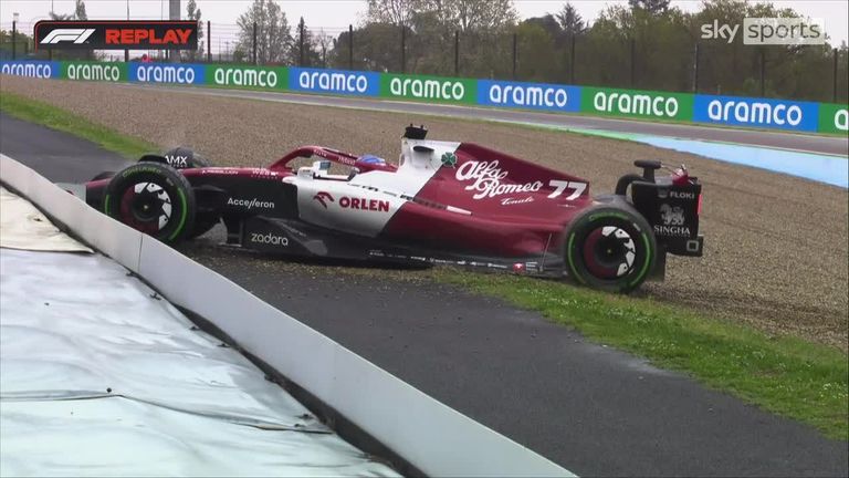 Alfa Romeo mechanics are pleasantly surprised, as Valtteri Bottas narrowly avoids the barriers during testing for the Emilia-Romagna GP.