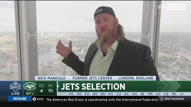 Former New York Jets center Nick Mangold announces his fourth-round pick on the 72nd floor of The Shard in London.