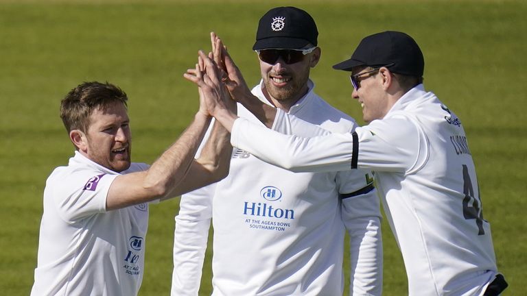 Hampshire celebrate a wicket for Liam Dawson (left) en route to their innings victory over Somerset